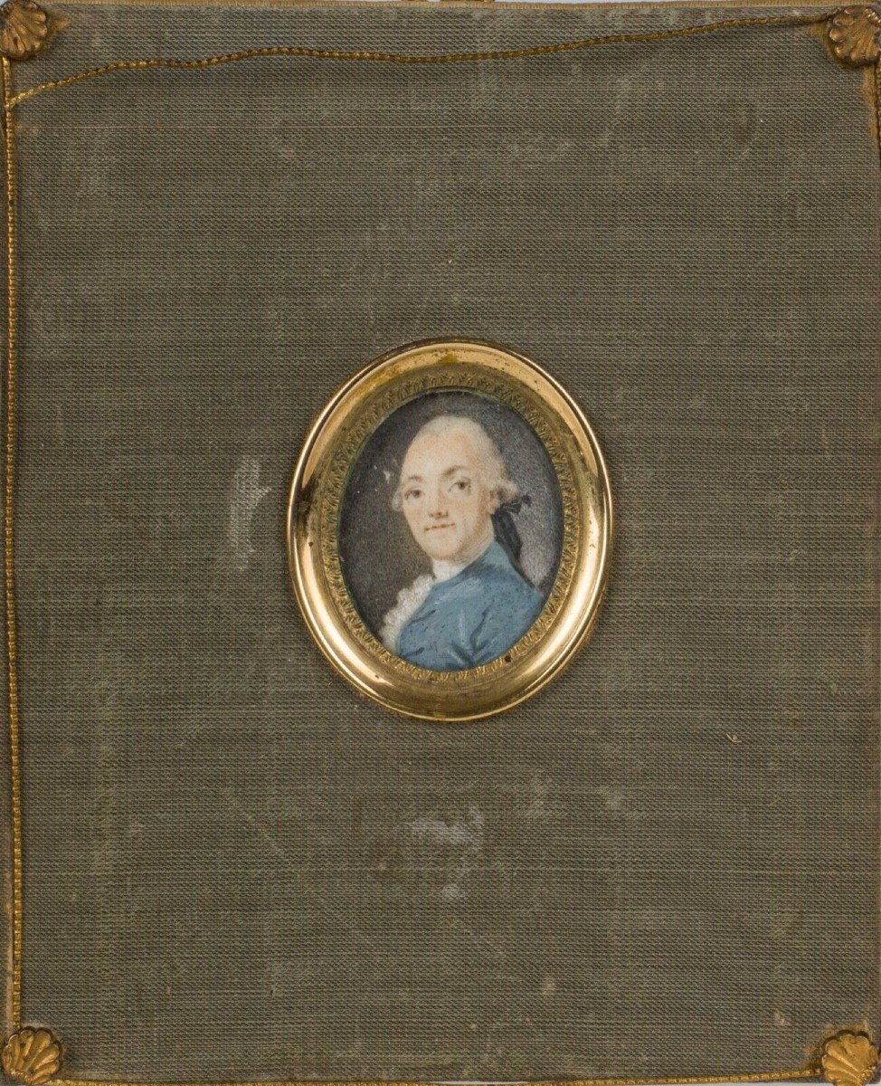 18th Century Miniature Portrait Of A Gentleman Signed Frame In Green Fabric-photo-2