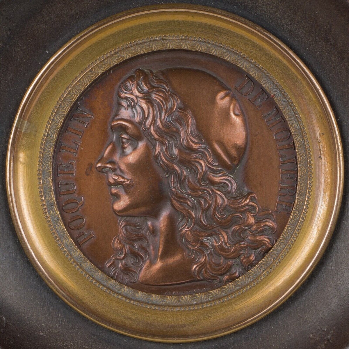 Bronze Medal Poquelin By Molière Gayrard Nineteenth Profile Wood Frame-photo-2