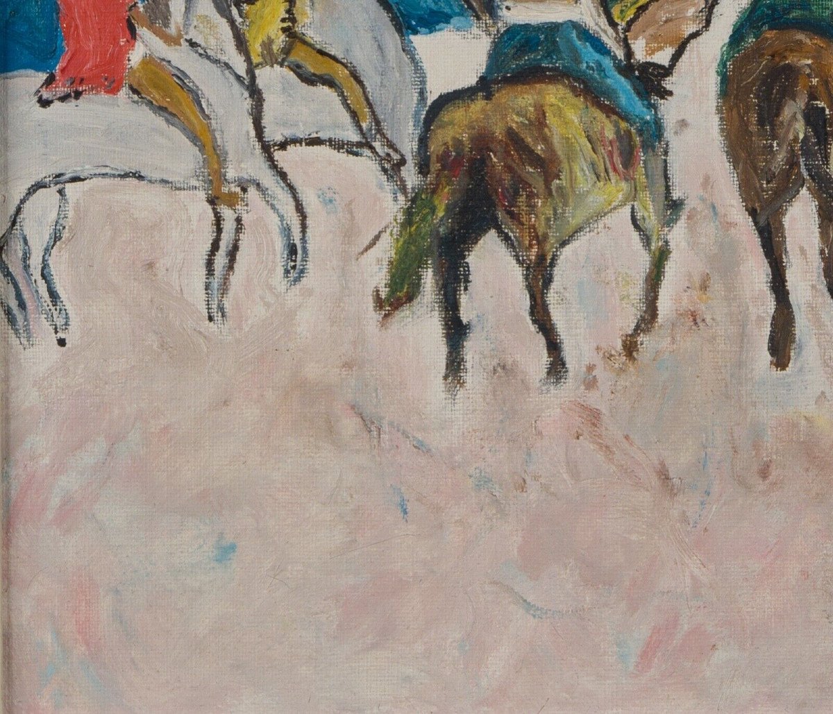 Oil On Panel Scene Of Riders 1960 Golden Frame-photo-1