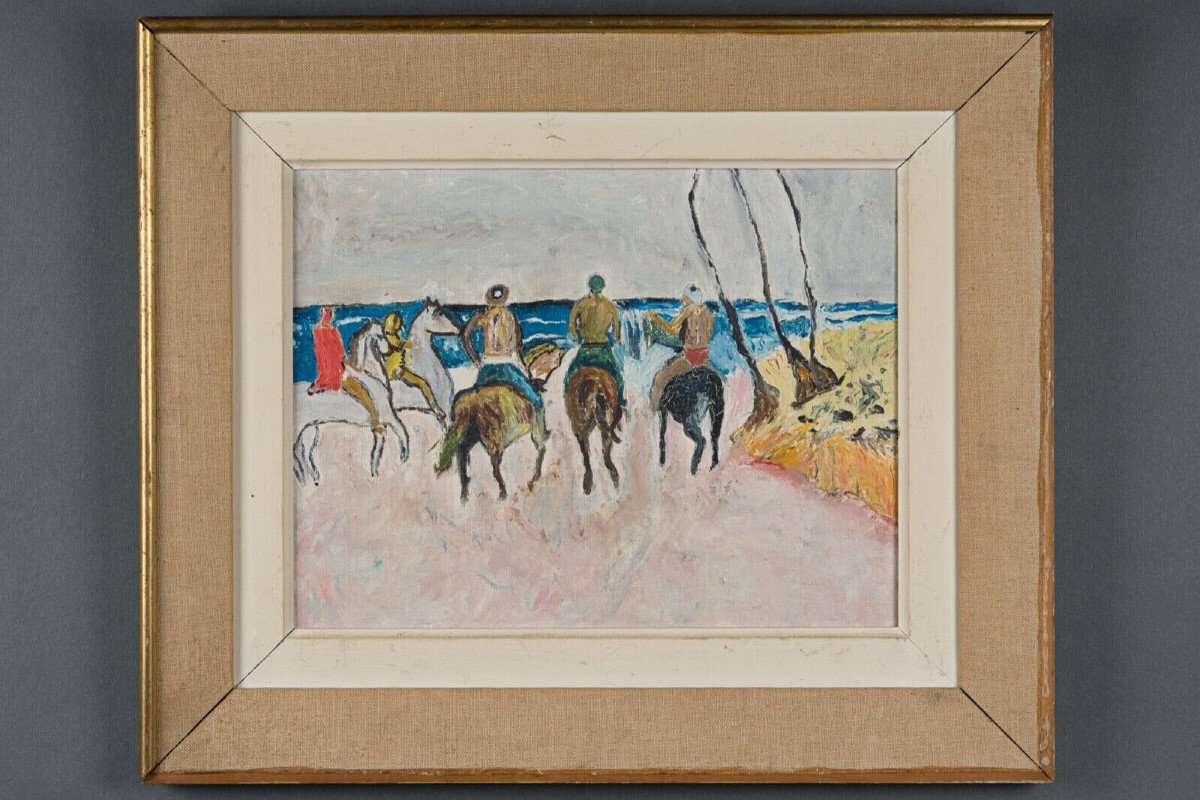 Oil On Panel Scene Of Riders 1960 Golden Frame