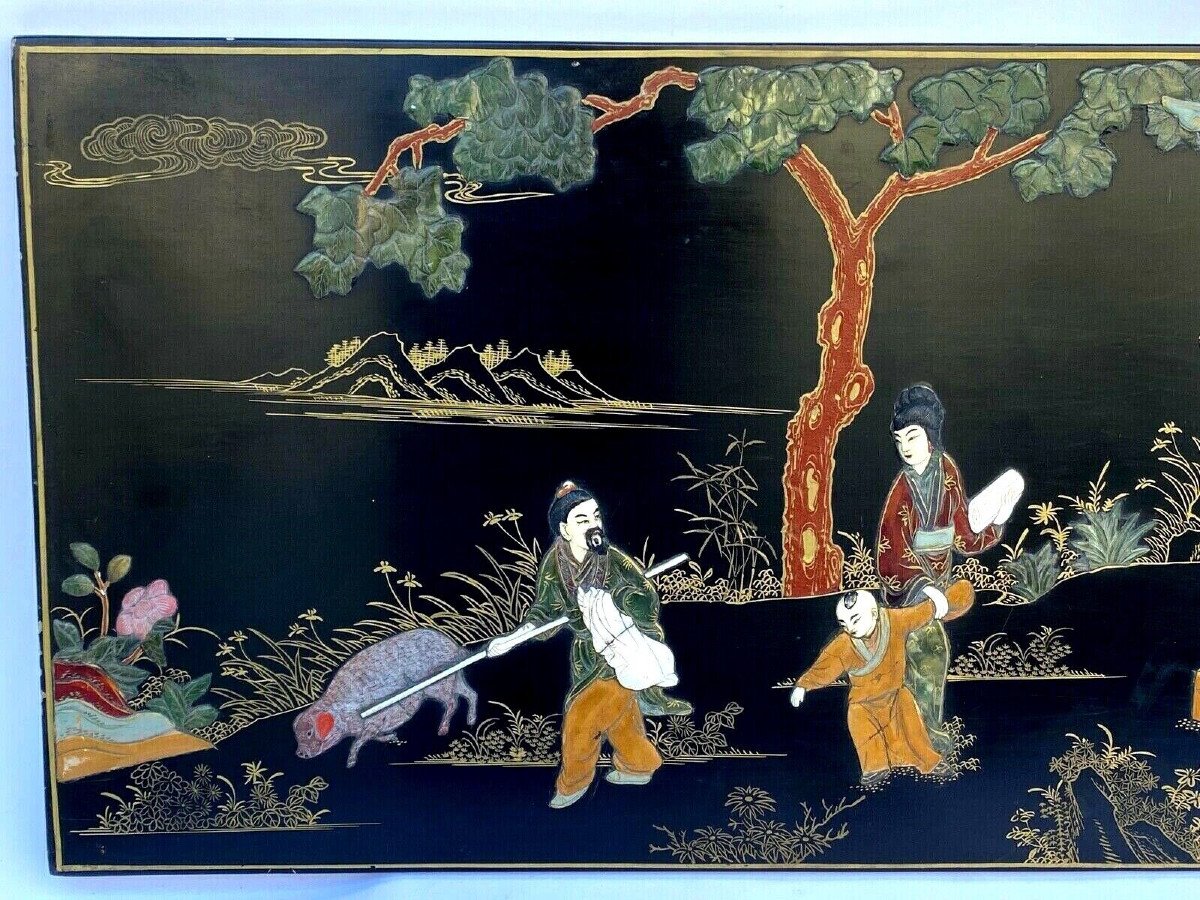 Two Lacquer Panels China Japan Nacre Nineteenth Characters Dignitaries-photo-3