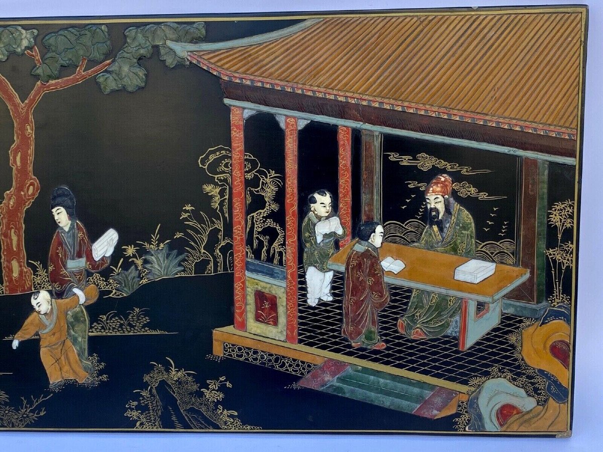 Two Lacquer Panels China Japan Nacre Nineteenth Characters Dignitaries-photo-4