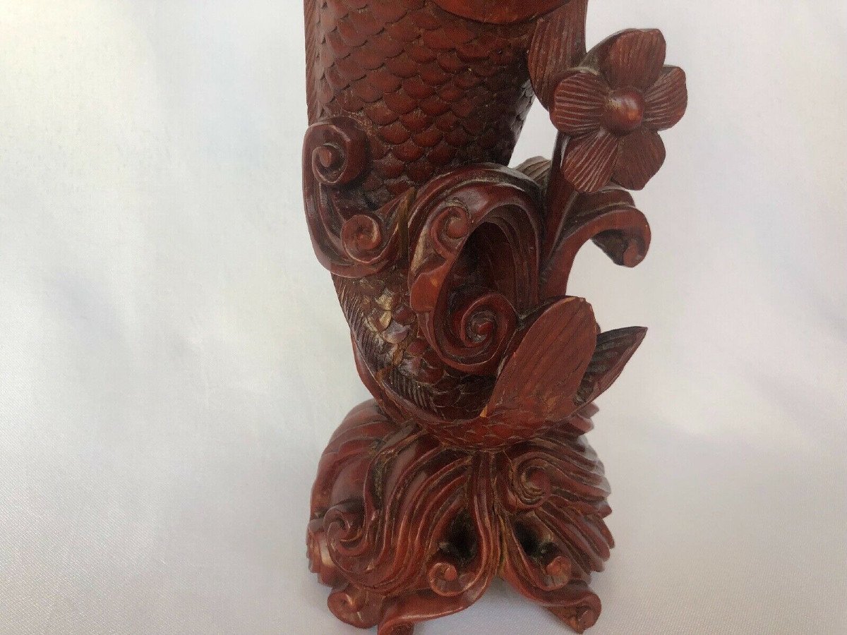 Bougeoirs en bois de fer Décor carpe sculptée à la main Japon Marquage-photo-2