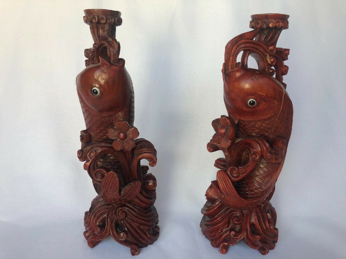 Bougeoirs en bois de fer Décor carpe sculptée à la main Japon Marquage