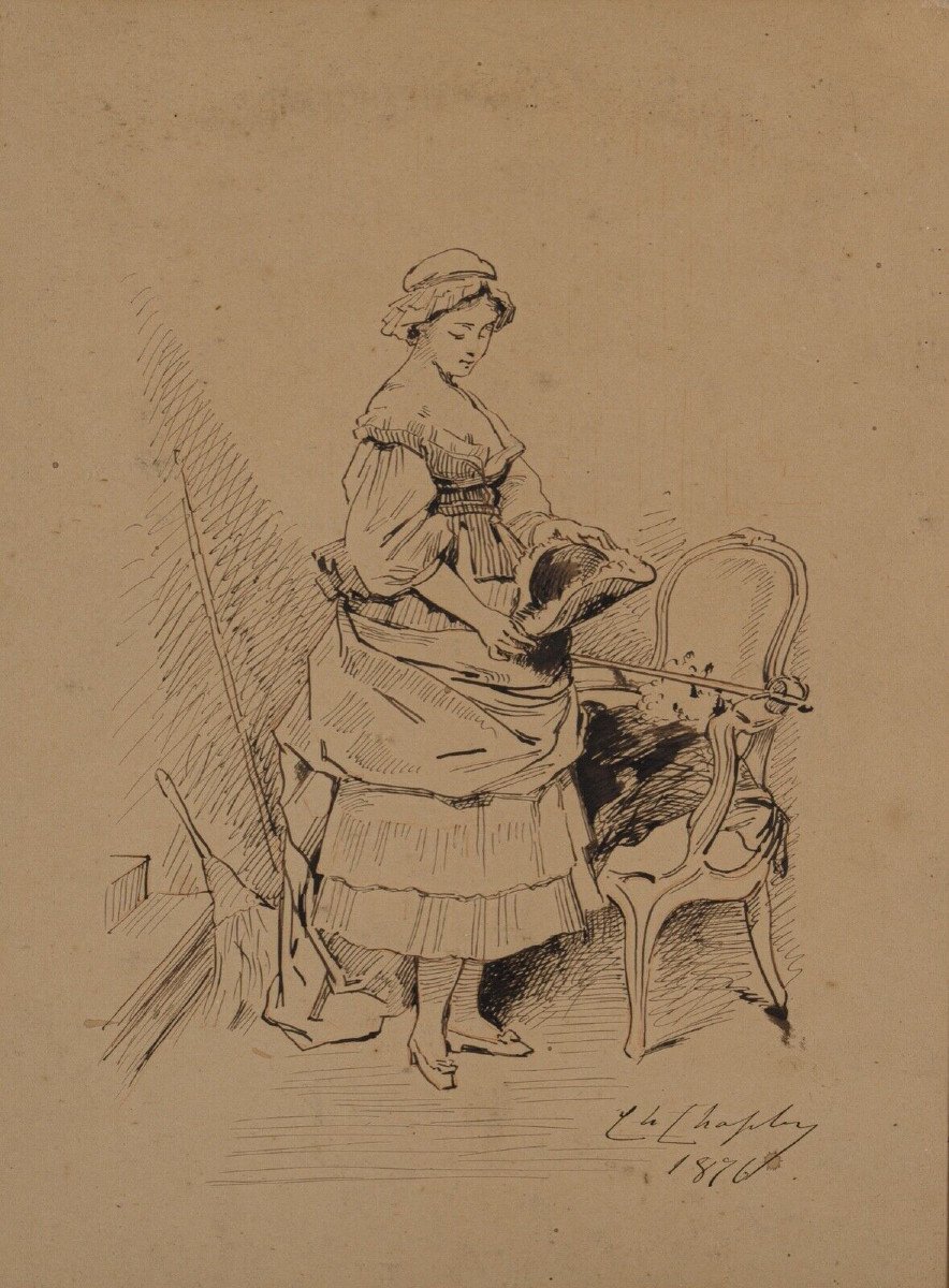 Pen Drawing By Charles Chaplin Young Woman In An Armchair 1876-photo-2