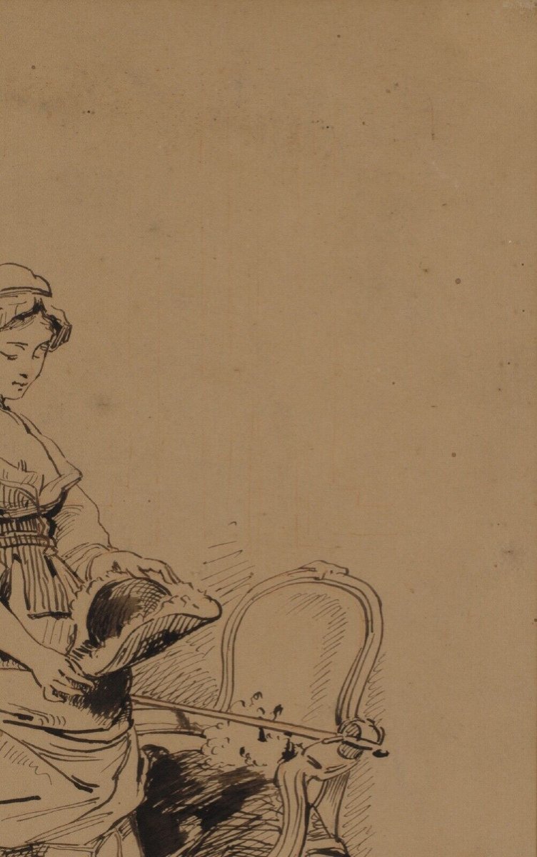 Pen Drawing By Charles Chaplin Young Woman In An Armchair 1876-photo-4