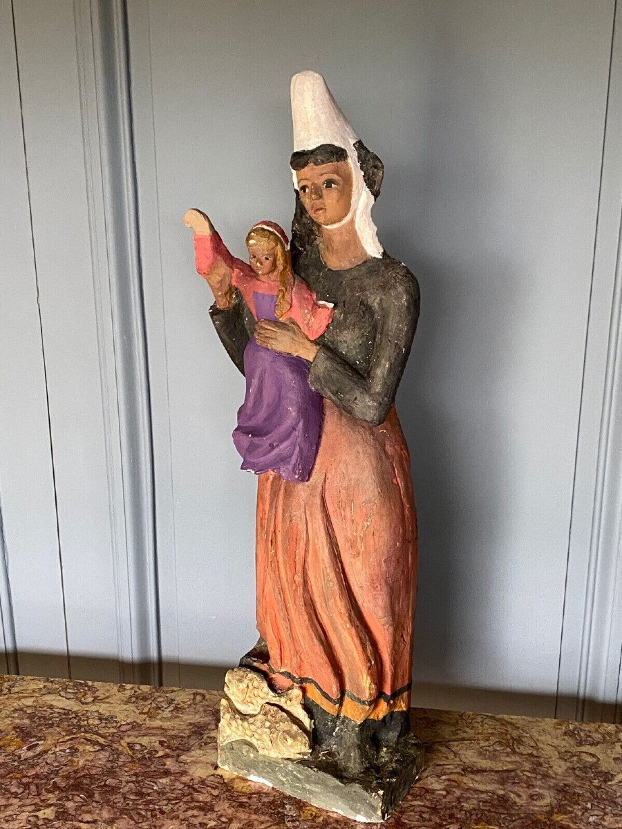 Virgin And Child In Breton Plaster 1900 Polychrome Modeling-photo-2