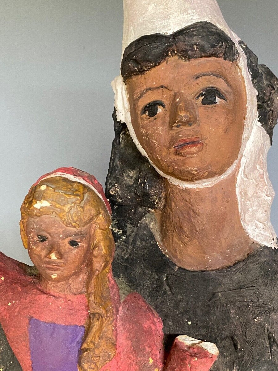 Virgin And Child In Breton Plaster 1900 Polychrome Modeling-photo-7