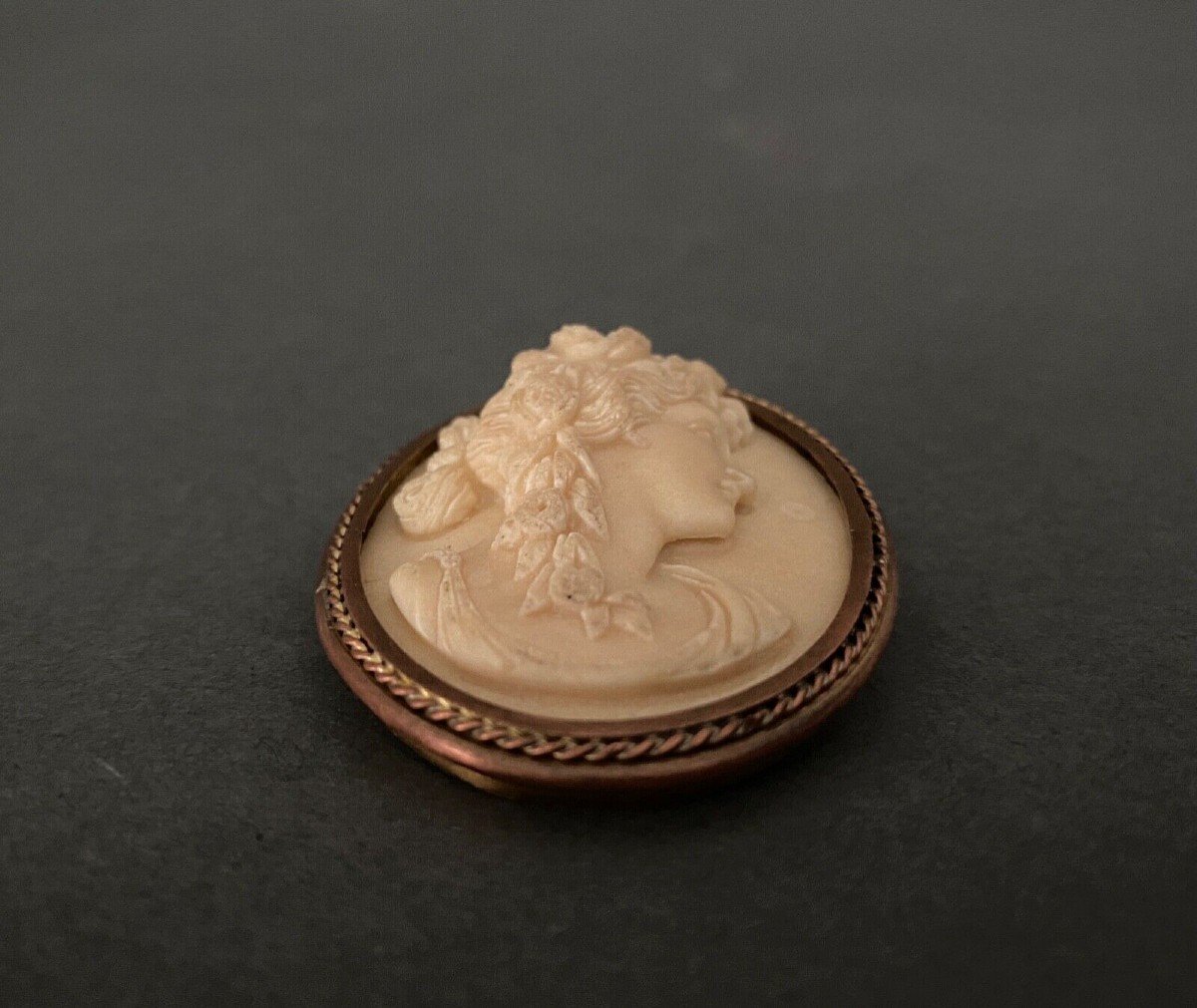 Antique Cameo Of A Woman's Profile In 19th Century Limestone, Gilded Metal Surround-photo-2