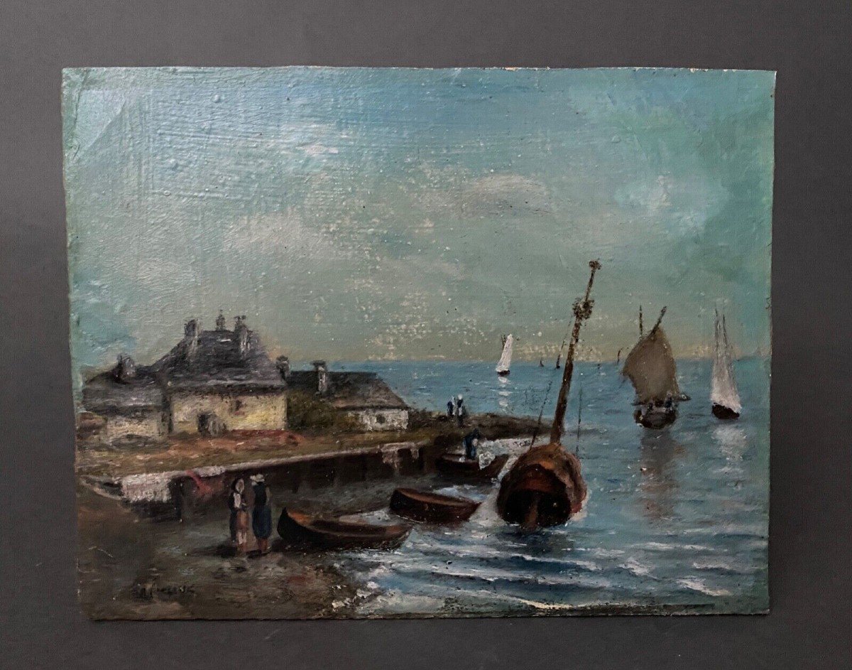 Oil On Panel Marine Scene Signed 20th Century Gilt Leaf Frame-photo-2