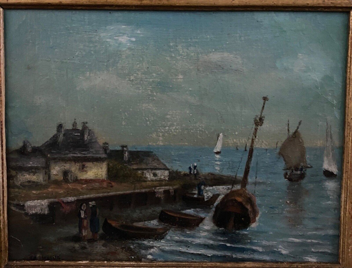 Oil On Panel Marine Scene Signed 20th Century Gilt Leaf Frame-photo-4