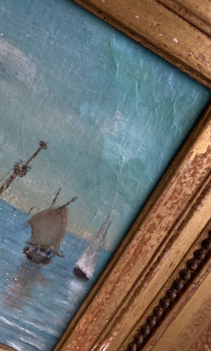 Oil On Panel Marine Scene Signed 20th Century Gilt Leaf Frame-photo-1
