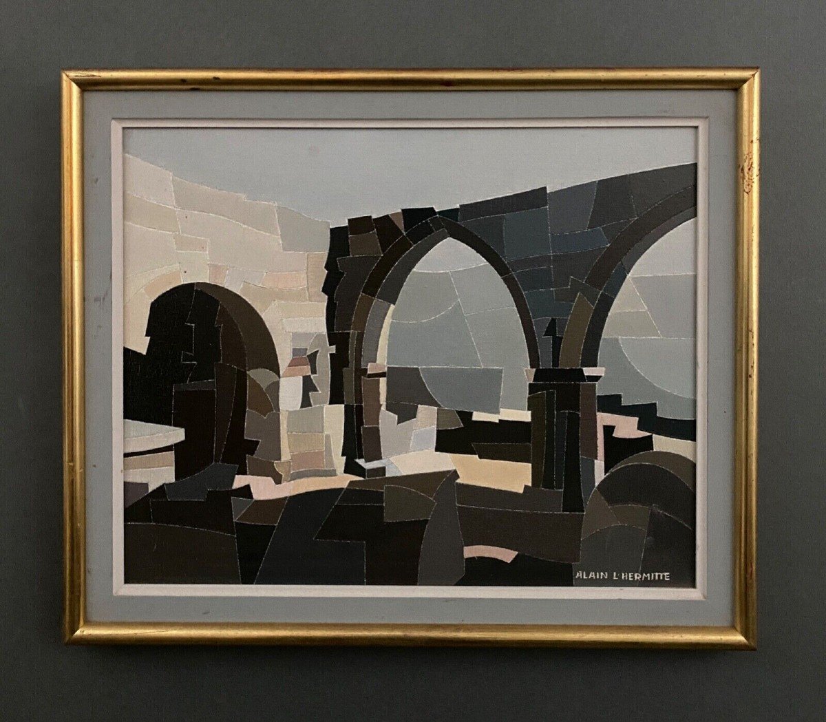 Oil On Canvas Alain l'Hermitte Lhermitte Geometric Architecture 20th Century