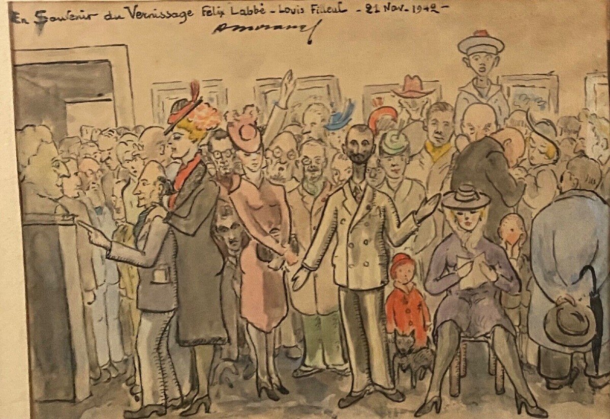 Watercolor On Paper Caricature Abel Moranas Vernissage Félix Labbé 1942-photo-2