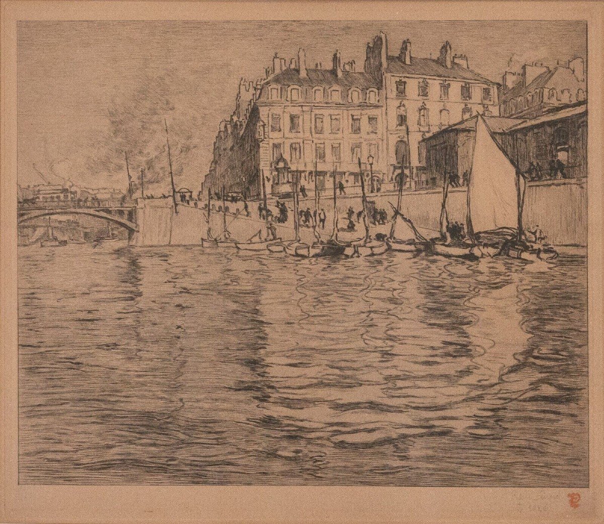 Gravure René Pinard l'Ile Feydeau à Nantes bateaux 1926 contresignée-photo-3