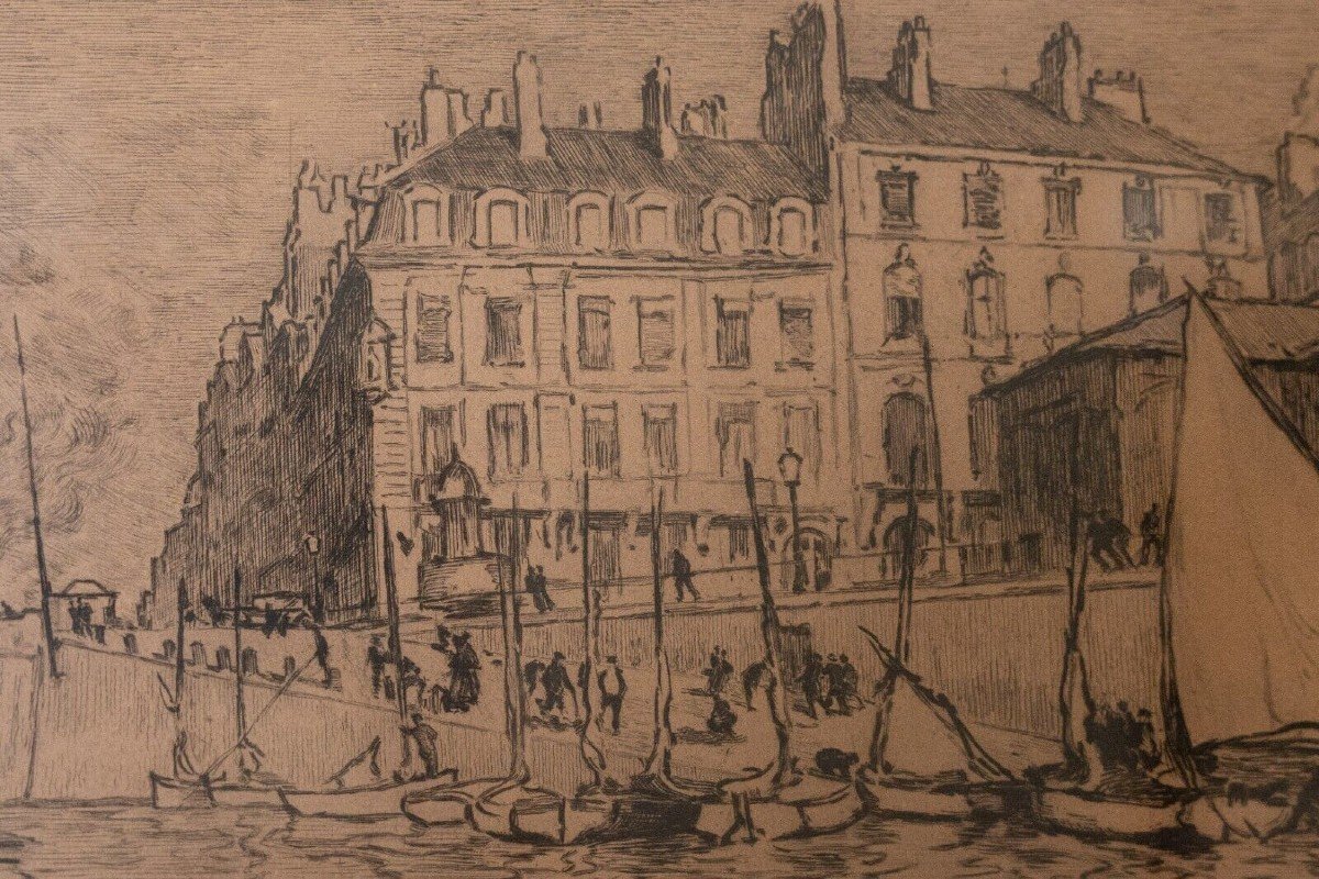 Gravure René Pinard l'Ile Feydeau à Nantes bateaux 1926 contresignée-photo-2