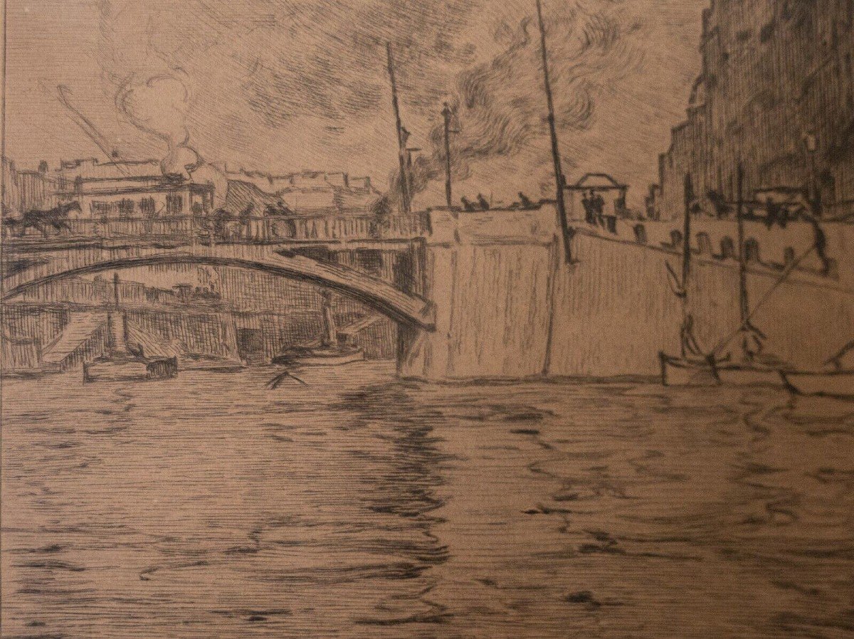 Gravure René Pinard l'Ile Feydeau à Nantes bateaux 1926 contresignée-photo-3