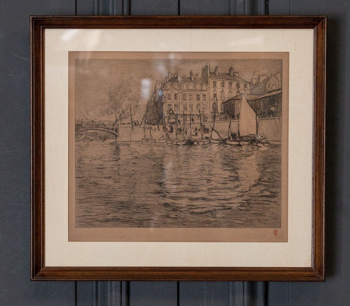 Gravure René Pinard l'Ile Feydeau à Nantes bateaux 1926 contresignée