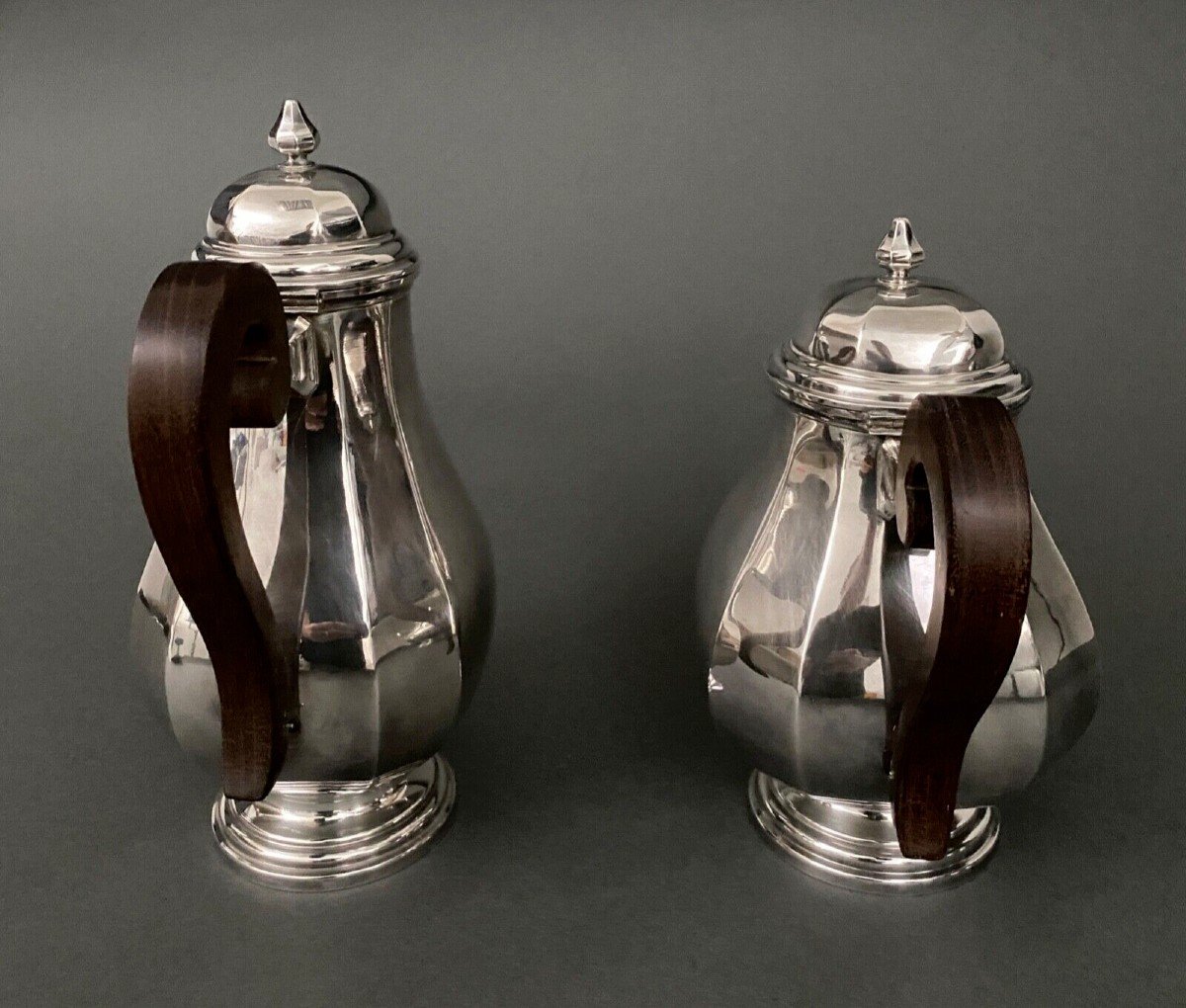 Service à thé et café en métal argenté 4 pièces 1930 pans coupés manches en bois-photo-3