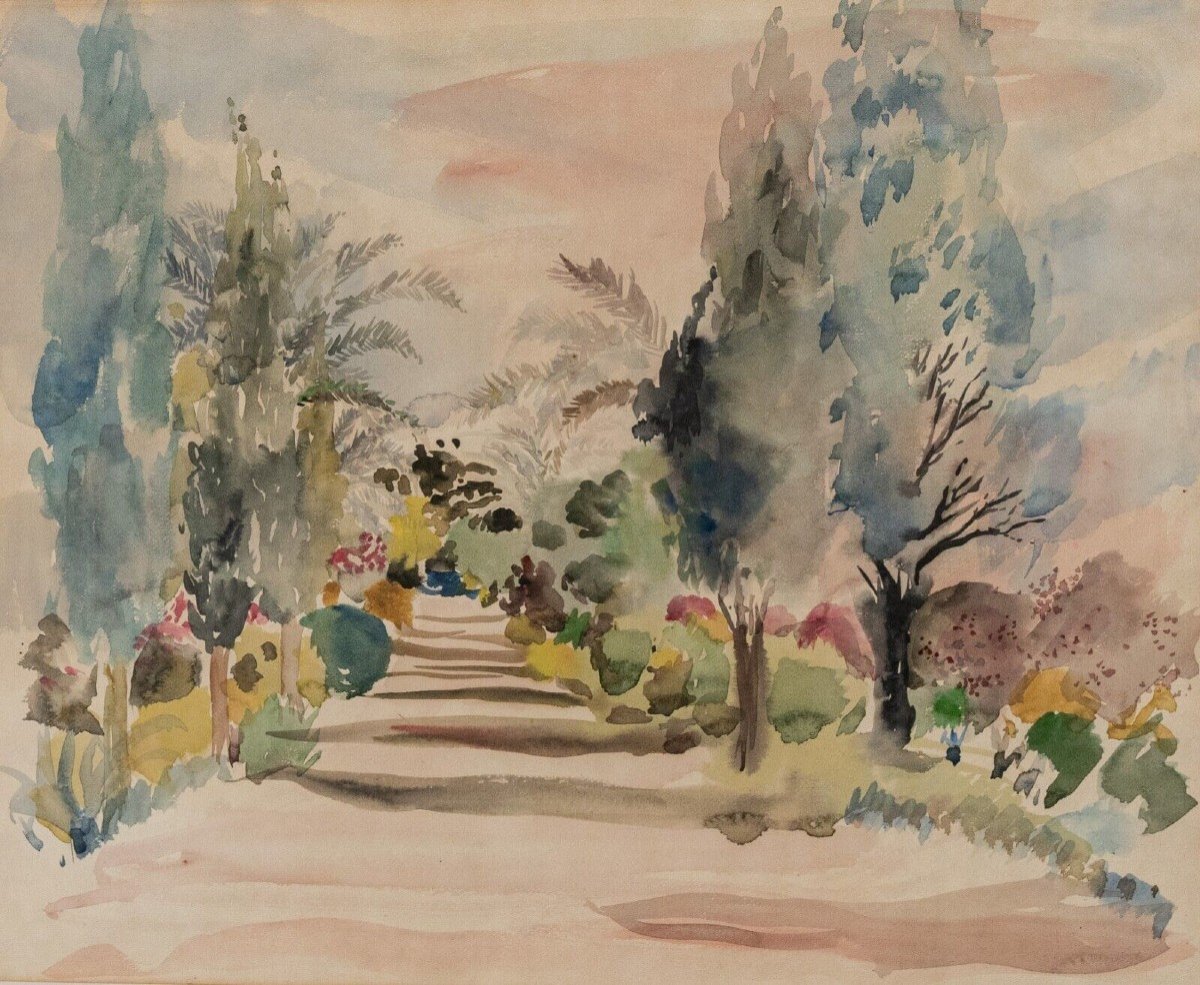 Watercolor On Paper By Bernadette Sers Allée De Cyprès 20th Century-photo-2