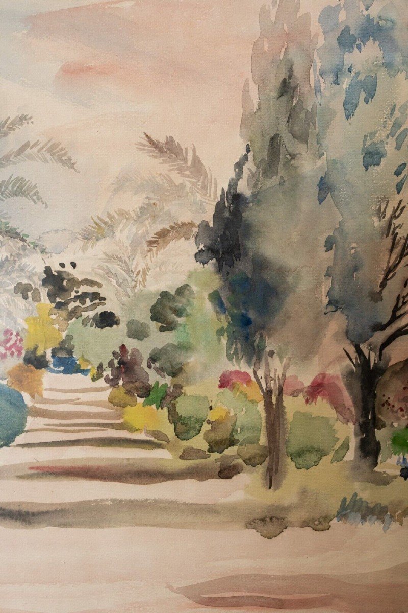 Watercolor On Paper By Bernadette Sers Allée De Cyprès 20th Century-photo-3