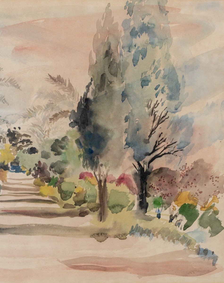 Watercolor On Paper By Bernadette Sers Allée De Cyprès 20th Century-photo-1