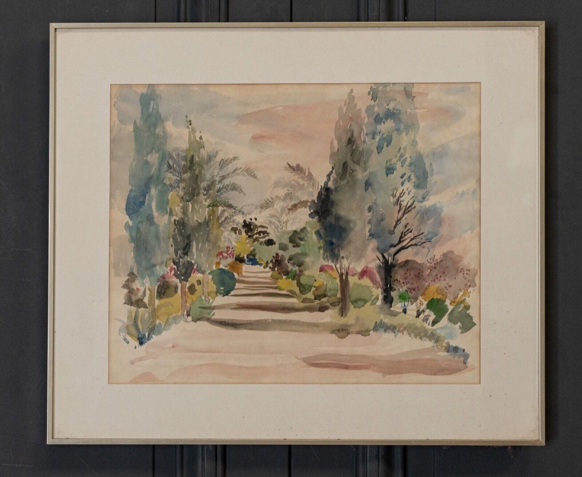 Watercolor On Paper By Bernadette Sers Allée De Cyprès 20th Century