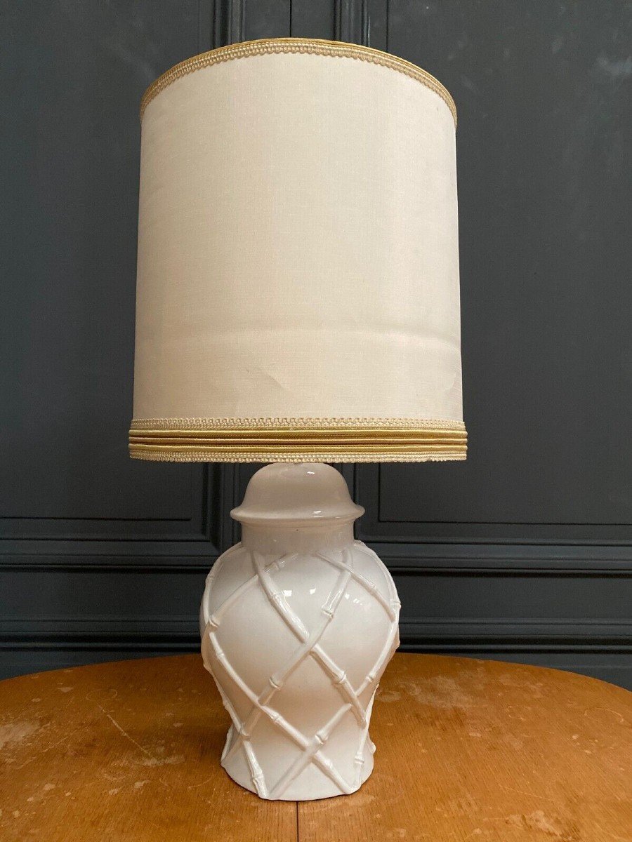 Hollywood Regency Style Bamboo Lamp 1970 White Ceramic-photo-2