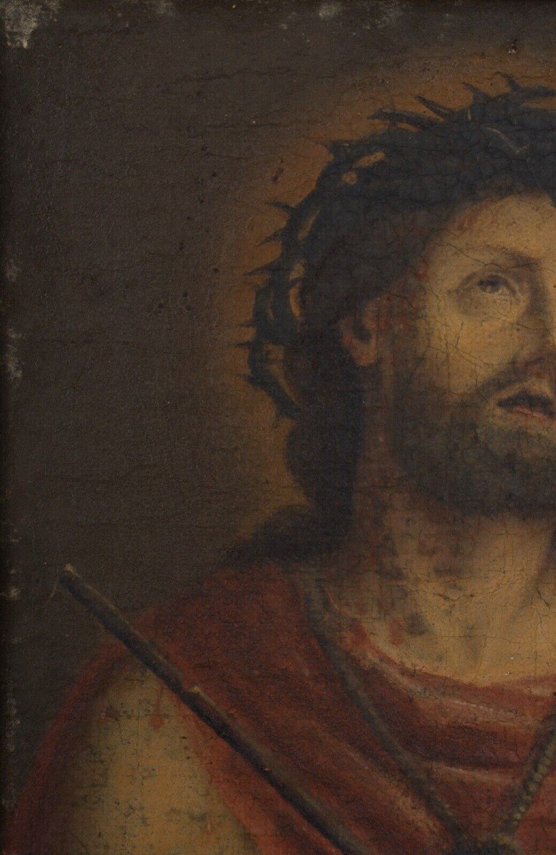 Oil On Canvas Ecce Homo 19th Century Representation Of Christ In Beatitude-photo-3