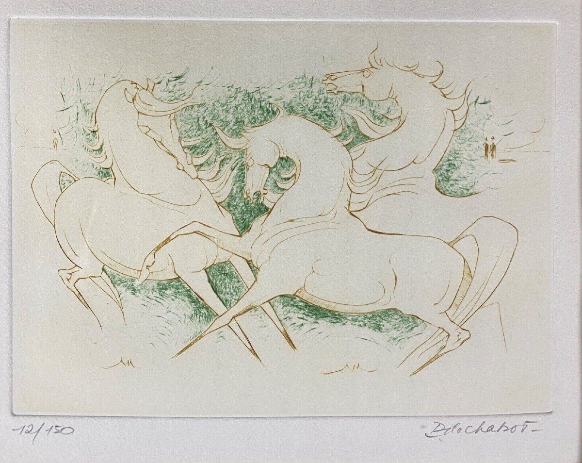 Lithographie par Paul de Chabot chevaux se cabrant 12/150 XXe-photo-2