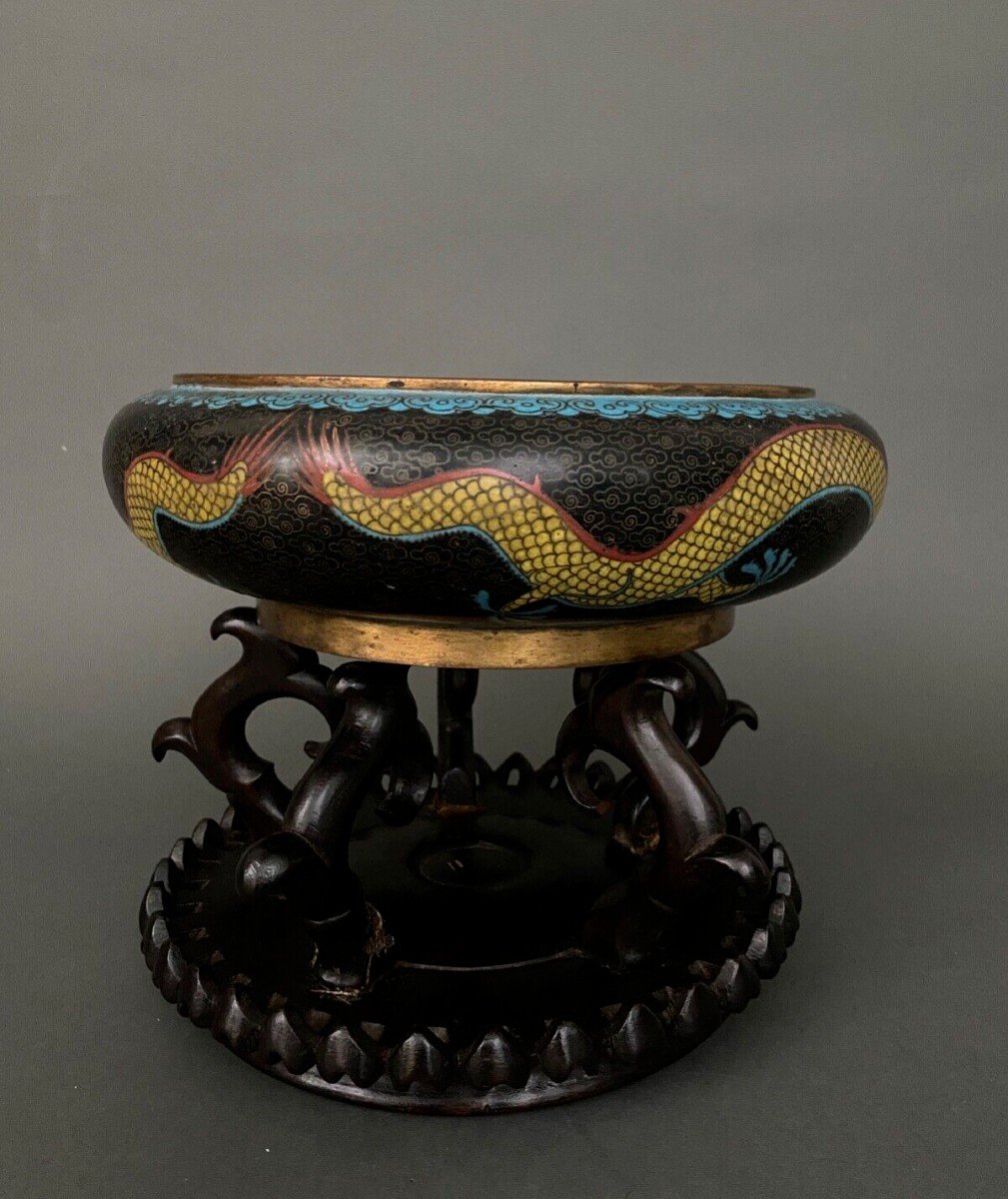 Cloisonné Cup China 19th Century Dragon Decoration On Wooden Support-photo-3