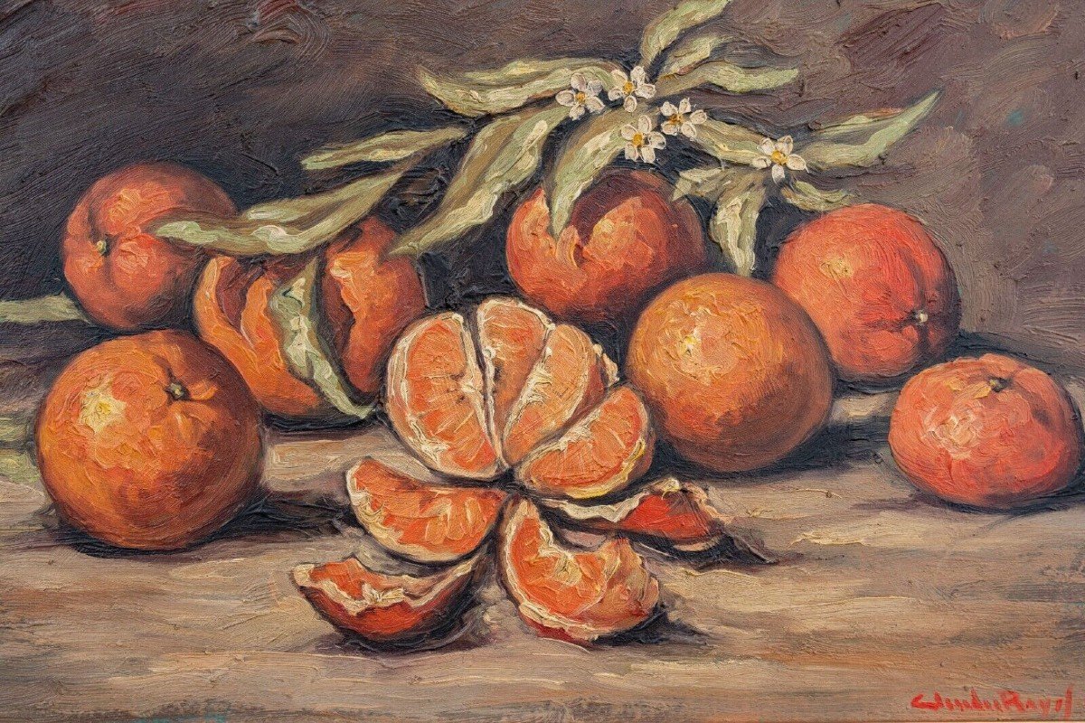 Oil On Panel Still Life With Oranges By Claude Rayol-photo-2