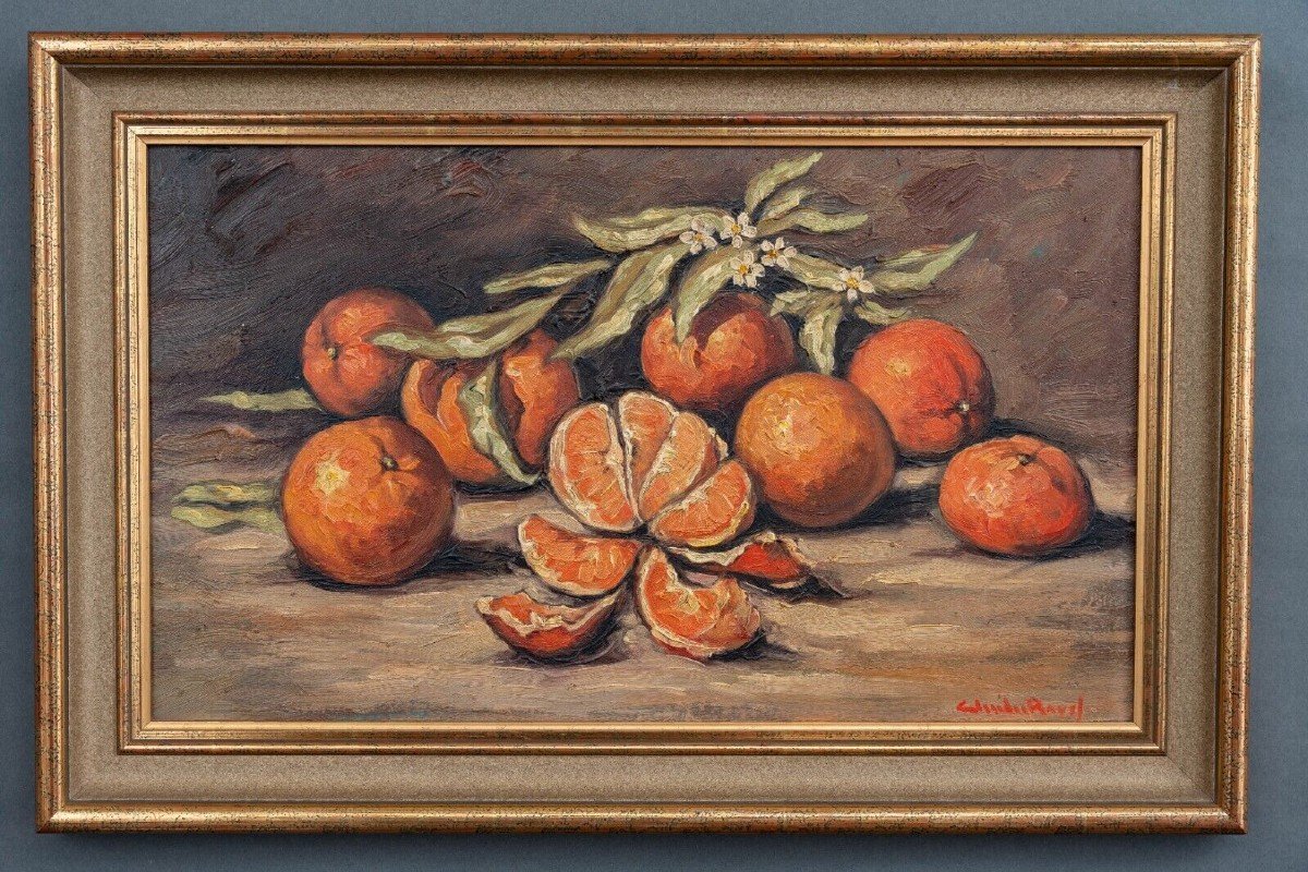 Huile sur panneau nature morte aux oranges par Claude Rayol