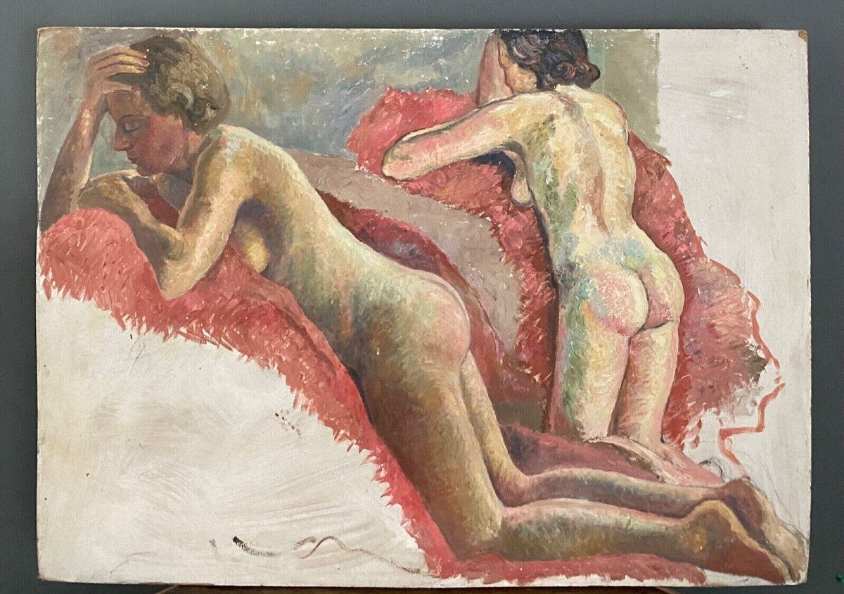 Portrait de femmes nues allongées atelier de Guillot Rafaillac huile XXe