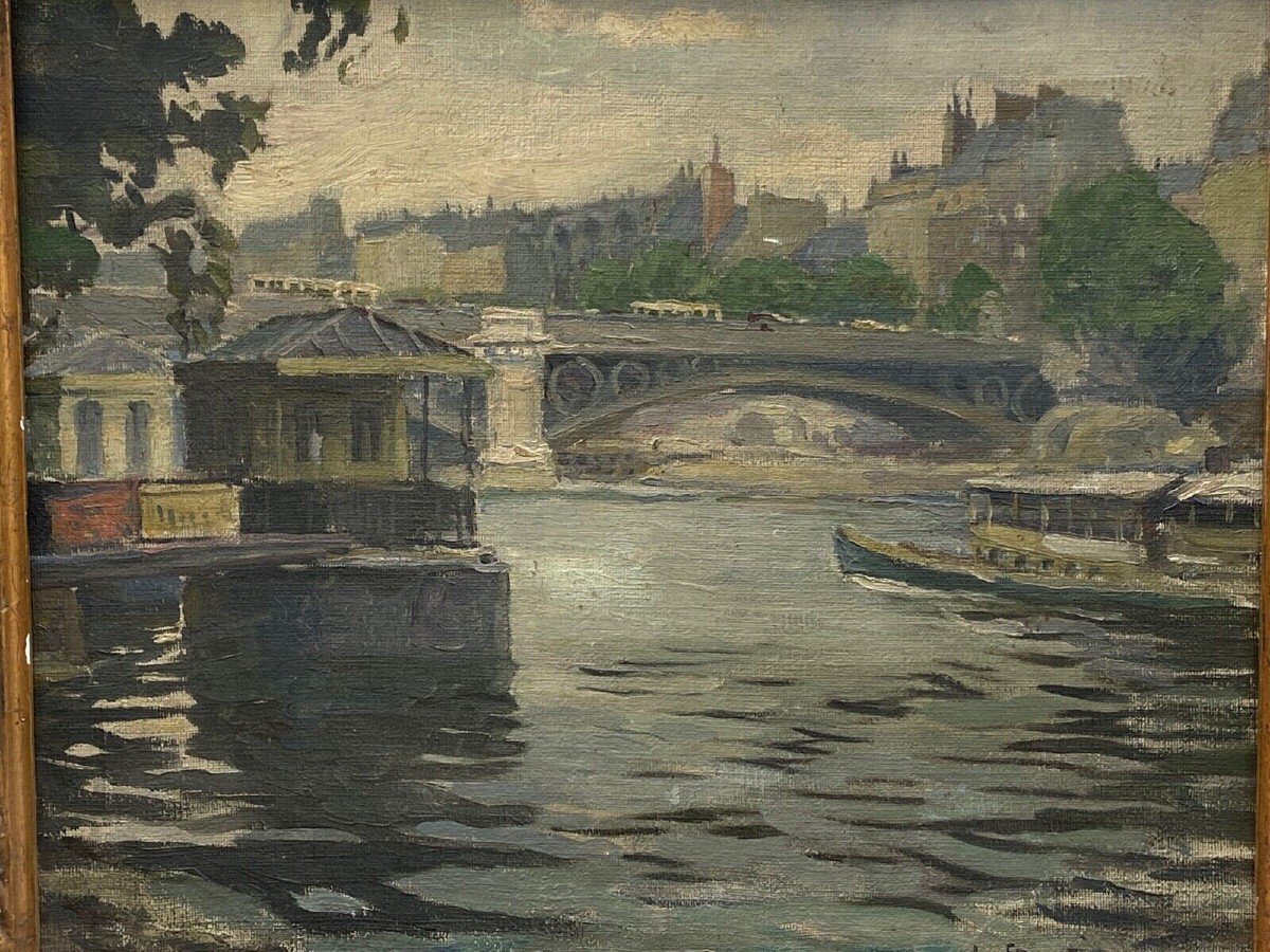 Huile sur toile Paris péniches par Sranti Datis signature à identifier 1900 XXe-photo-2