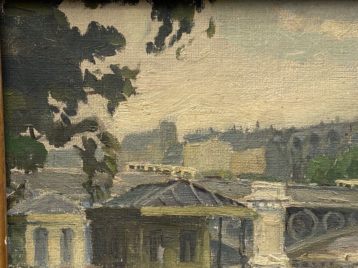 Huile sur toile Paris péniches par Sranti Datis signature à identifier 1900 XXe-photo-4