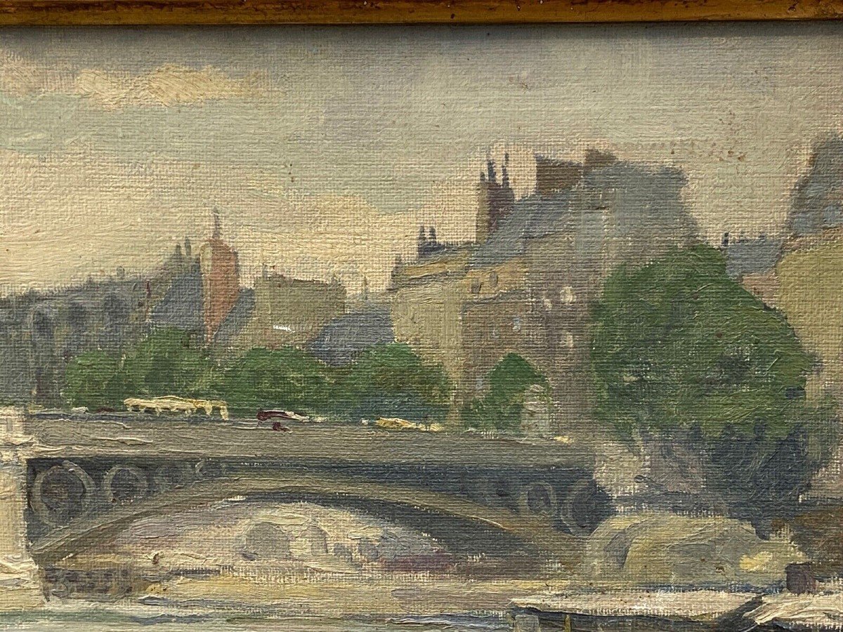 Huile sur toile Paris péniches par Sranti Datis signature à identifier 1900 XXe-photo-1