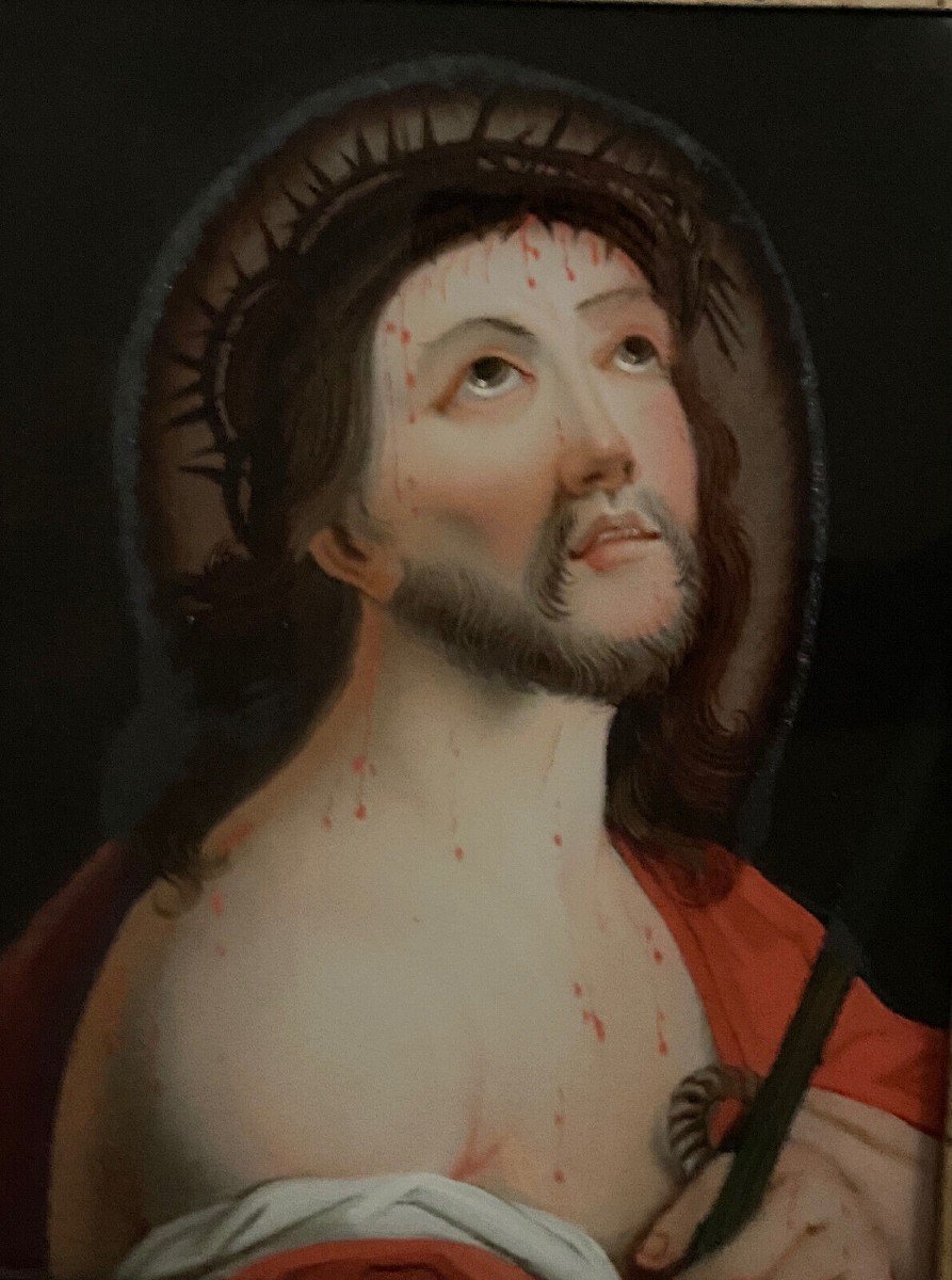 Fixed Under Glass At The End Of The 18th Century, Christ Imploring, Natural Wood Frame-photo-2