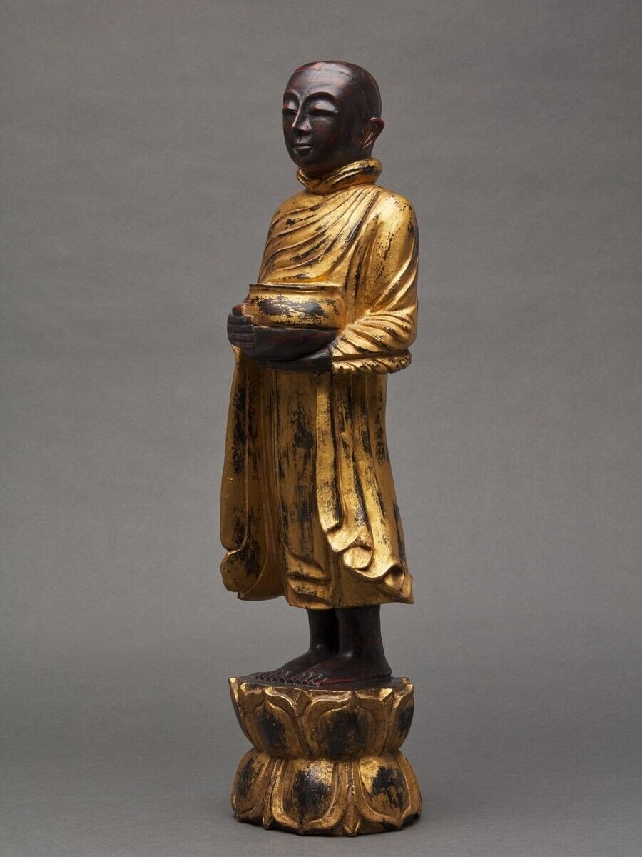 Sujet Bouddha en bois sculpté polychome doré fin XIXe-photo-2