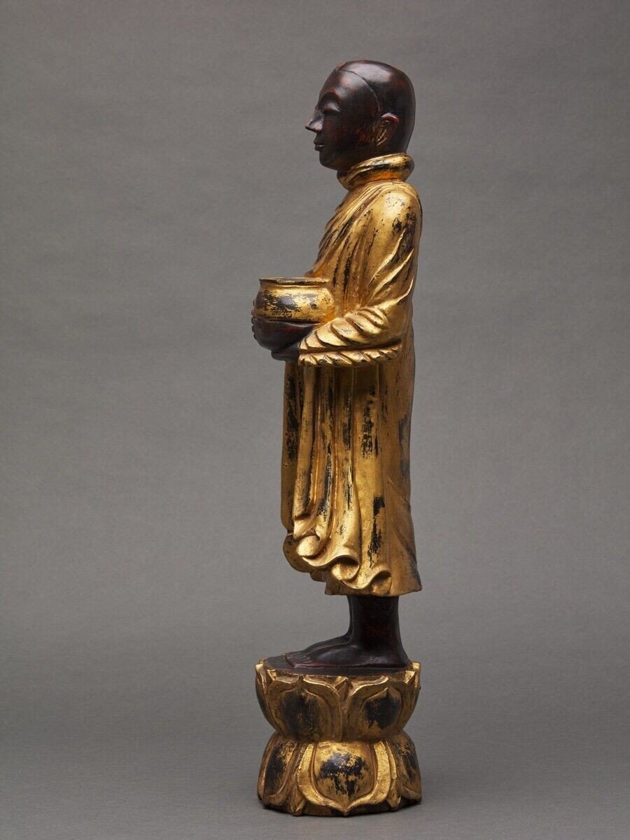 Buddha Subject In Gilded Polychome Carved Wood Late 19th Century-photo-3