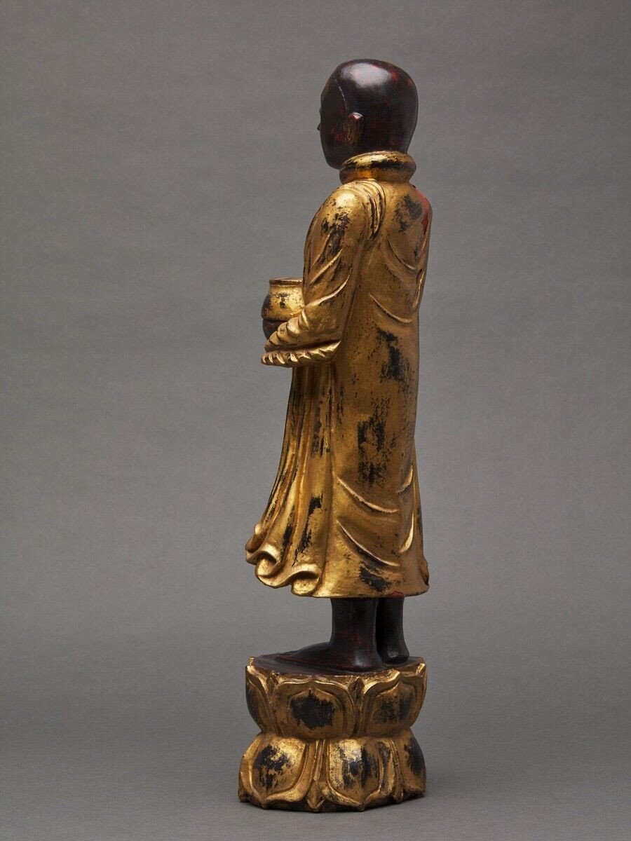 Sujet Bouddha en bois sculpté polychome doré fin XIXe-photo-4