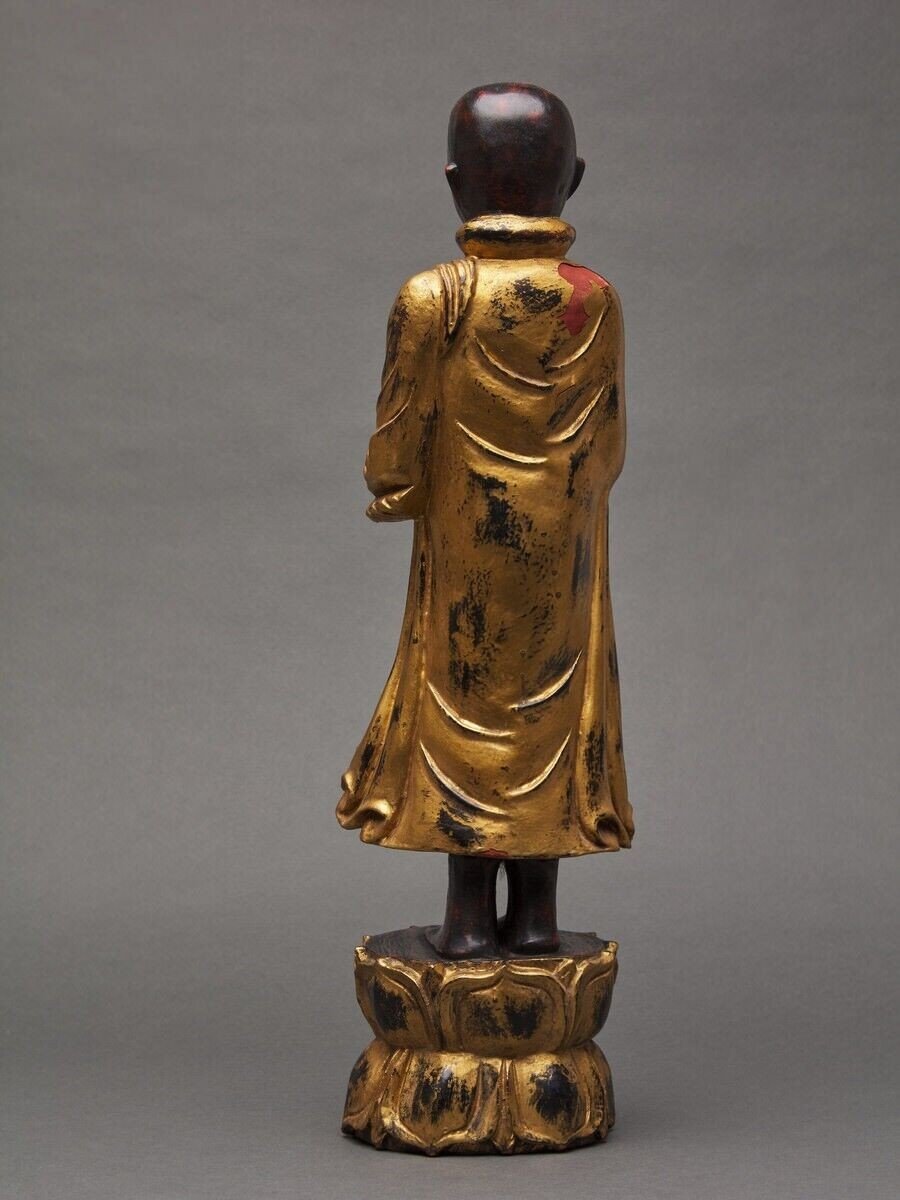 Buddha Subject In Gilded Polychome Carved Wood Late 19th Century-photo-1