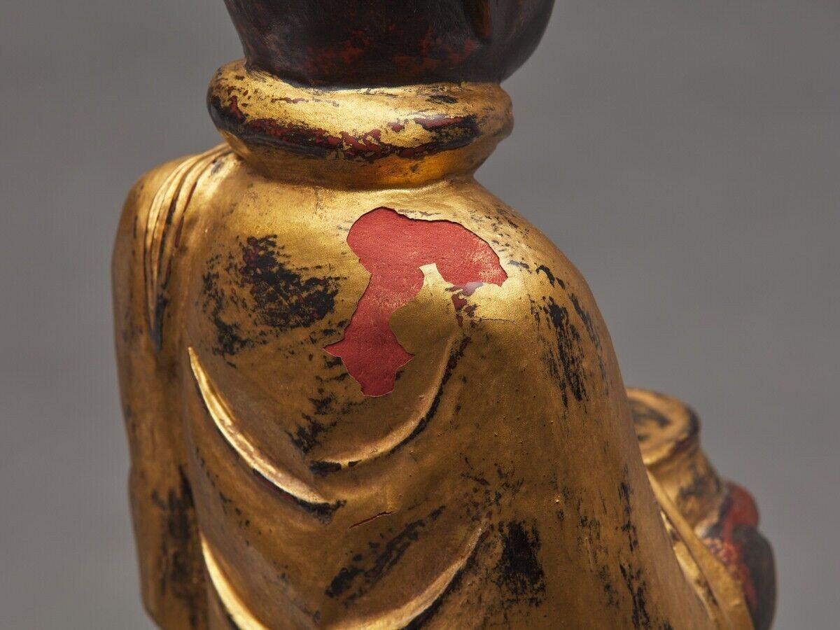 Buddha Subject In Gilded Polychome Carved Wood Late 19th Century-photo-2