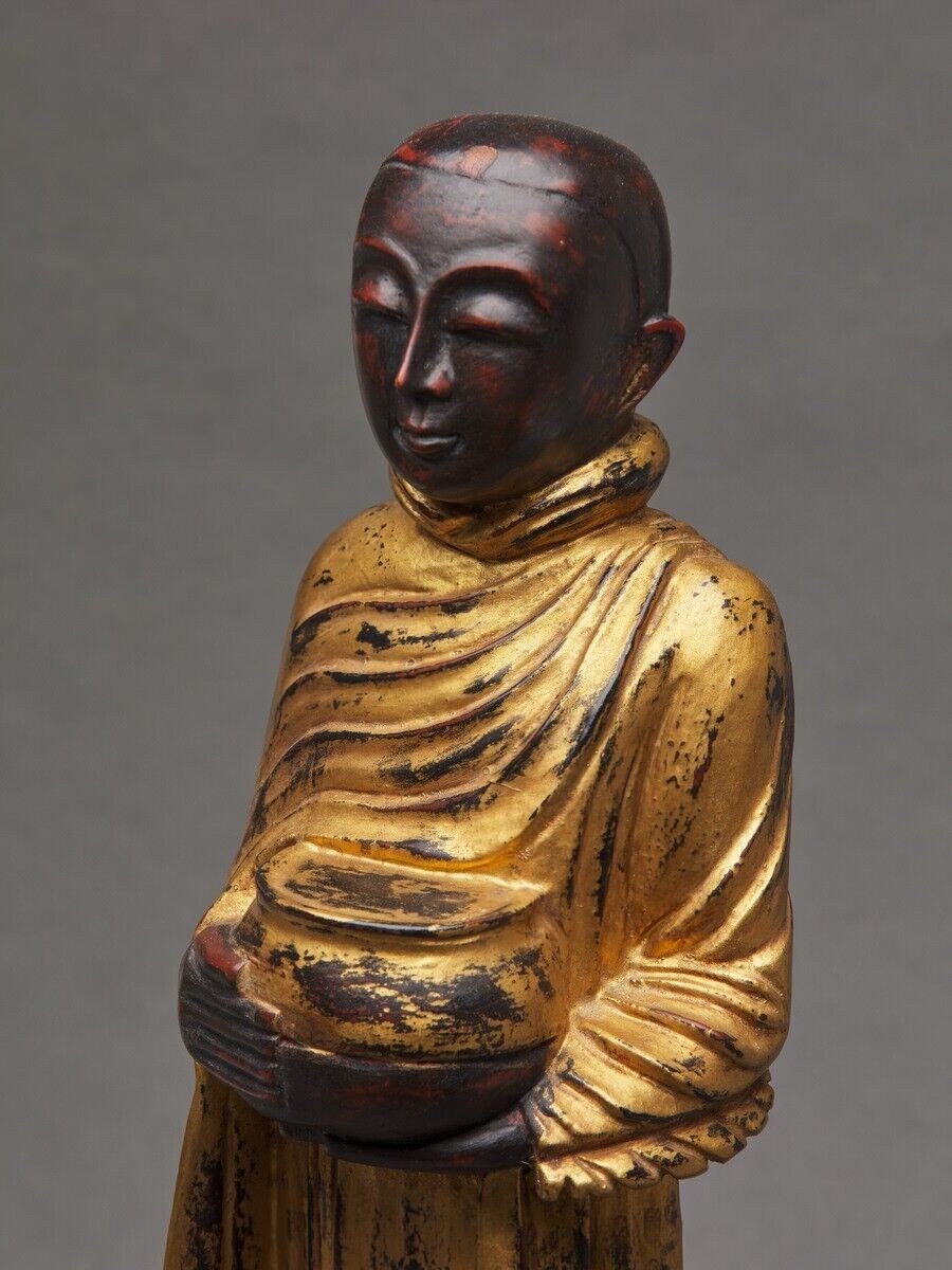 Sujet Bouddha en bois sculpté polychome doré fin XIXe-photo-4