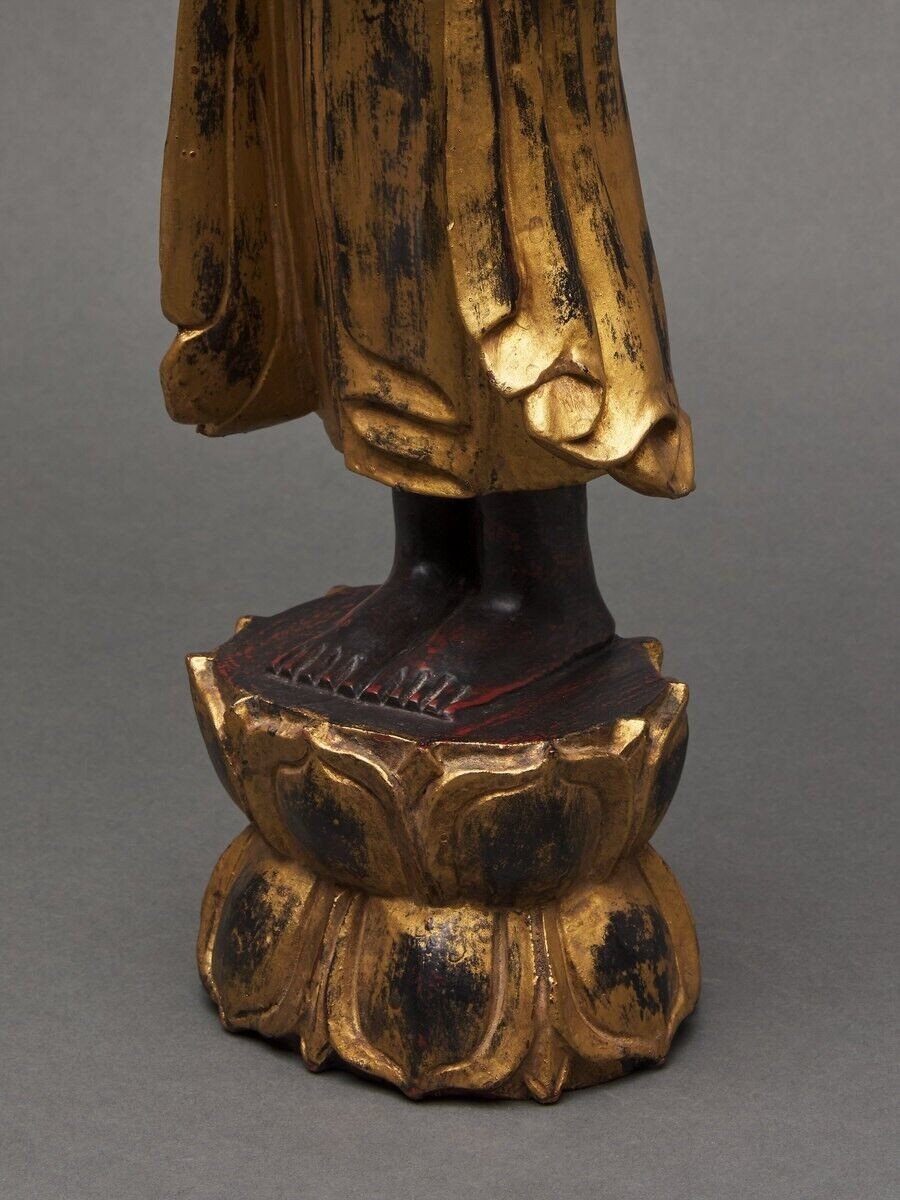 Buddha Subject In Gilded Polychome Carved Wood Late 19th Century-photo-5