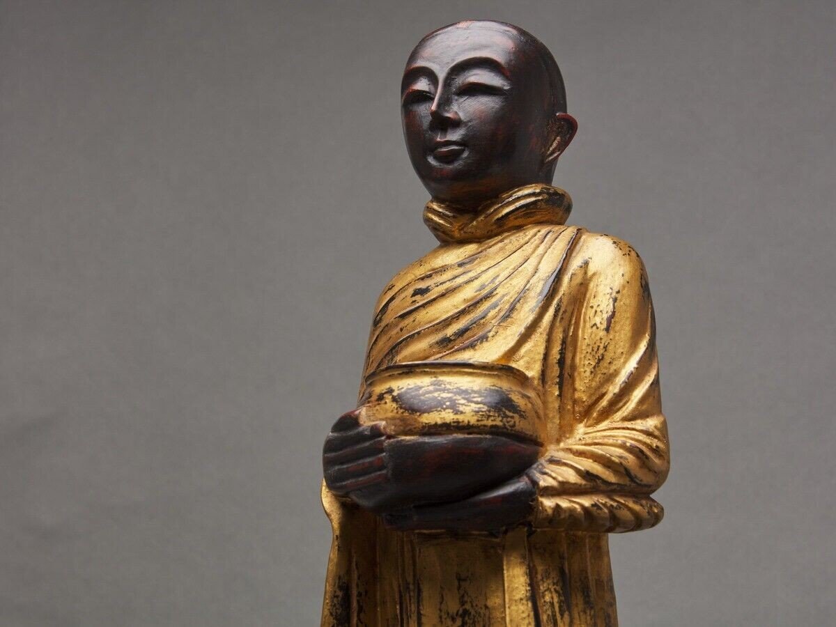 Buddha Subject In Gilded Polychome Carved Wood Late 19th Century-photo-6