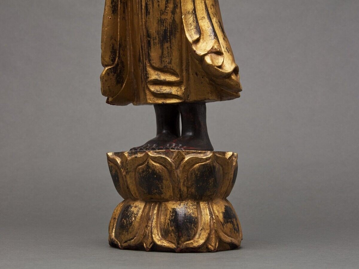 Buddha Subject In Gilded Polychome Carved Wood Late 19th Century-photo-7