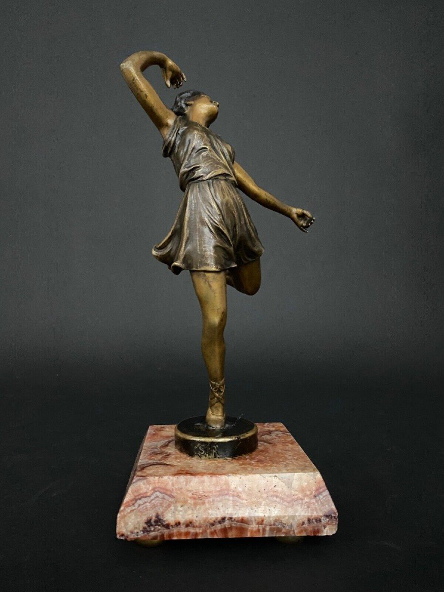 Art Deco Dancer In Double Patina Bronze 1930 On Onyx Base-photo-2