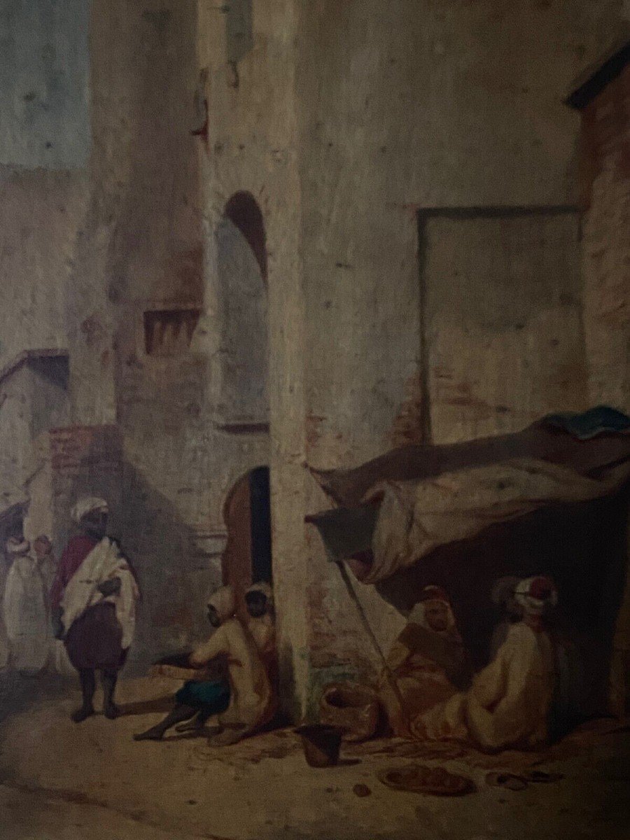 Oil On Orientalist Panel Street Scene Early 20th Century-photo-2