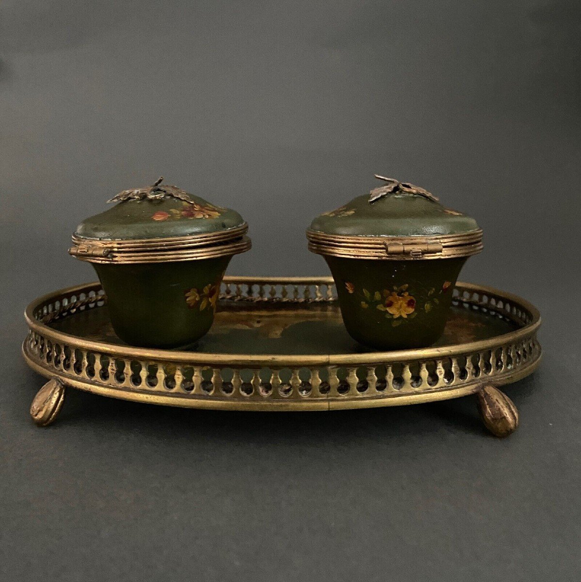 Bronze Desk Inkwell And Painted Sheet Metal 19th Century Napoleon III Landscape Decor -photo-2